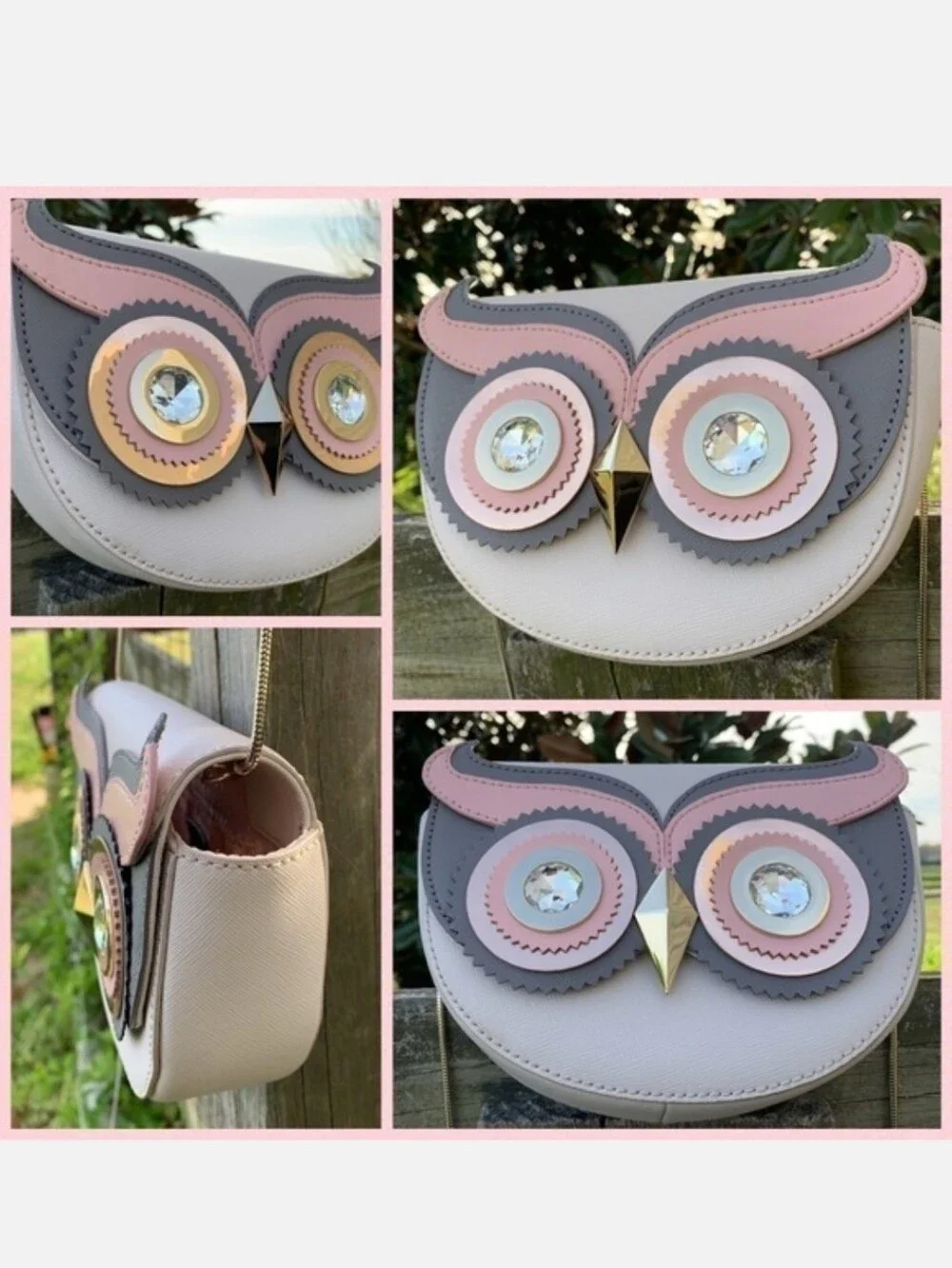 Kate Spade Chic Owl Crossbody Bag - Pink, Gray & White EUC